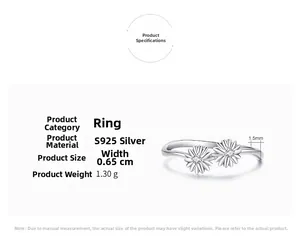 Détails de la bague marguerite en argent S925 avec largeur 0,65 cm et poids de 1,30 g
