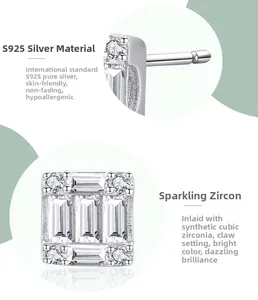 Macro detail of geometric S925 sterling silver stud earrings with claw-set cubic zirconia