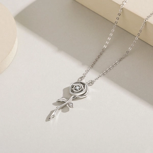 Vintage S925 sterling silver rose pendant necklace with zircon accents for women