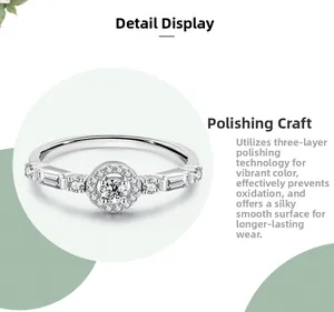 Detail of s925 silver halo ring with baguette zircons and triple-polished finish