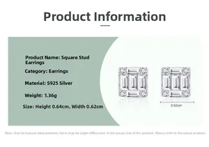 Detail view of S925 sterling silver square stud earrings with pave-set zircon stones