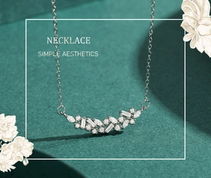 Macro shot of s925 silver necklace with marquise-cut white zircons and minimalist design