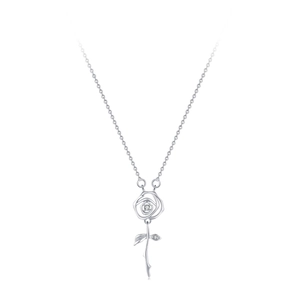 Vintage S925 sterling silver rose pendant necklace with crystal accents on white background