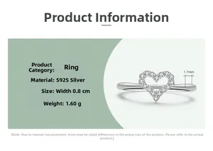 Detailed specs of S925 sterling silver hollow heart ring with 0.8cm width and zircons
