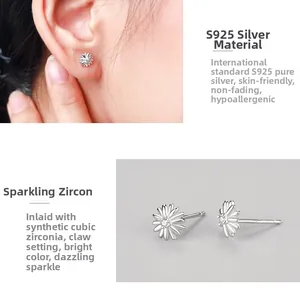 Detailansicht der S925-Silber Gänseblümchen-Ohrstecker mit Zirkonia in Mikro-Fassung-Technik