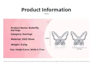 Détail des boucles d'oreilles papillon en argent S925 avec zircons cubiques brillants