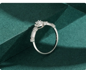 Macro shot of S925 sterling silver ring featuring a round center zircon and side baguettes