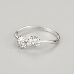 Bague en argent sterling S925 avec double motif marguerite et pierres en zircone