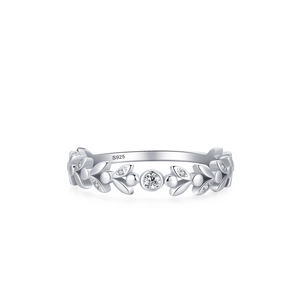 Bague élégante en argent massif S925 motif feuilles et pierres en zircone