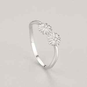 Bague marguerite en argent sterling S925 avec deux fleurs et pierres de zircone