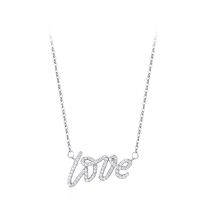 S925 sterling silver LOVE pendant necklace with pavé cubic zirconia on fine link chain