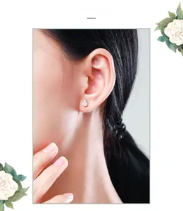 Close-up of s925 silver teardrop stud earring with pear-cut cubic zirconia on model