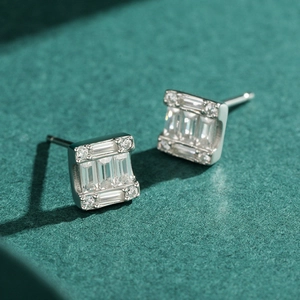 Minimalist S925 sterling silver square stud earrings with pave crystals on dark background