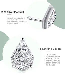 Macro detail of S925 sterling silver teardrop stud earrings with cubic zirconia pave