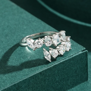 Luxurious S925 sterling silver open ring with multi-shape zircon stones on green velvet box