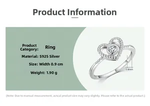 Spécifications détaillées de la bague coeur en argent S925 avec mesures exactes