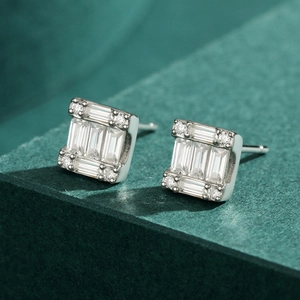 Square S925 sterling silver stud earrings featuring baguette-cut zircon in a luxury setting