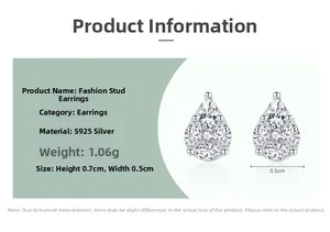Detailed view of S925 sterling silver teardrop studs with size and weight dimensions