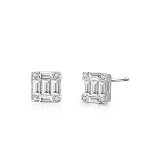 Elegant S925 sterling silver geometric square stud earrings with baguette-cut zircons