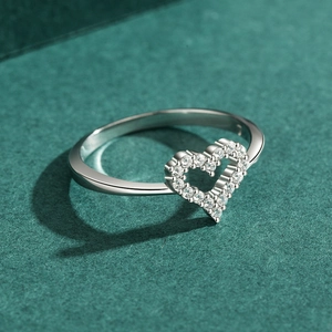 Minimalist S925 sterling silver open heart ring with sparkling pave crystals for women