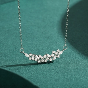 Elegant S925 sterling silver necklace with curved sparkling zircon stone pendant for women