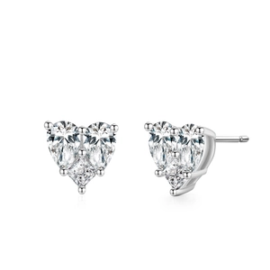 S925 sterling silver heart stud earrings featuring clear pavé set crystals on white background