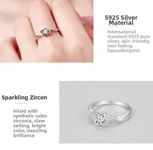 Detailed close-up of S925 sterling silver four-leaf petal ring with cubic zirconia setting