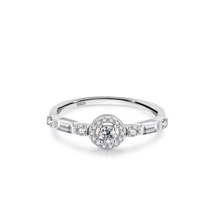 Elegant S925 sterling silver ring with halo round cubic zirconia and pavé band