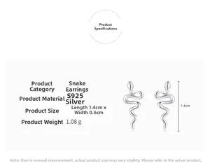 Detail view of S925 sterling silver snake earrings showing 1.4cm by 0.6cm dimensions