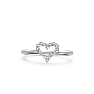 S925 sterling silver hollow heart ring with sparkling zircons on a gray background