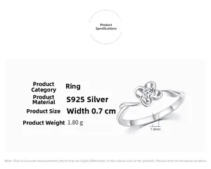 Detail of s925 silver four-leaf petal ring with dimensions 1.9mm band and 0.7cm flower