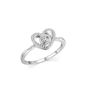 Bague Coeur Minimaliste en Argent Sterling 925 pour Femme Micro Incrusté Strass Rond Bijoux de Mode Anneau de Doigt