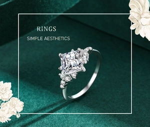 Close-up of princess cut square zircon ring with side stones on dark green background