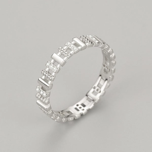 S925 sterling silver ring with geometric stepped design and pavé cubic zirconia