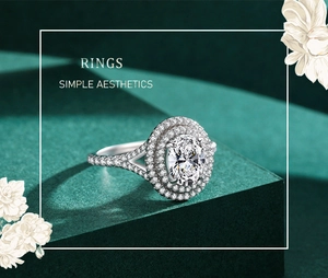 Detailed close-up of an oval halo S925 silver ring with sparkling 5ct simulated diamonds