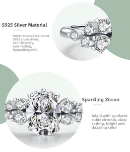 Detailed close-up of oval zircon gemstone set in S925 sterling silver ring band