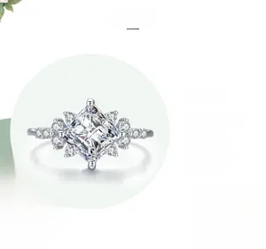 Macro detail of princess cut zircon ring with stellar halo and polished silver band