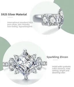 Macro view of S925 sterling silver ring with square-cut cubic zirconia and claw setting