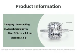 Detail view of S925 sterling silver ring with 3ct rectangular diamond and pavé setting