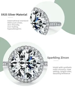 Macro detail of 925 sterling silver ring with 5-carat cubic zirconia in halo setting