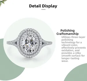 Detailed view of oval cut silver ring with double halo setting and polished finish