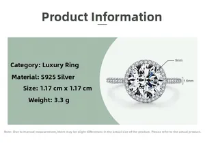 Detailed specs of S925 silver halo ring with a 9mm 5ct brilliant-cut center stone