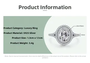 Macro view showing dimensions and S925 silver stamp of the 5-carat oval halo ring