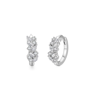 S925 sterling silver huggie earrings with round and baguette cut cubic zirconia stones