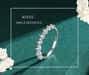 Macro detail of S925 sterling silver ring with multi-sized white zircon gemstones