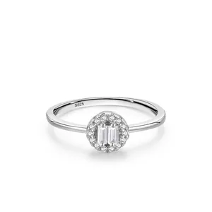 925 Sterling Silver Halo Ring For Women Baguette Cut Cubic Zirconia Geometric Inlaid Fashion Jewelry Engagement Band Gift