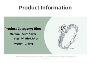 Detailed specs of S925 sterling silver ring with 1 carat moissanite and woven band