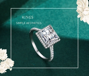 Vue macro d'une bague en argent s925 avec diamant carré et sertissage pavé chic