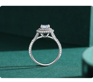 Macro shot of silver S925 ring with double halo 5-carat oval cubic zirconia and pave band