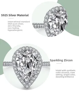 Detailed view of S925 sterling silver pear-cut halo ring with prong-set zircon stones